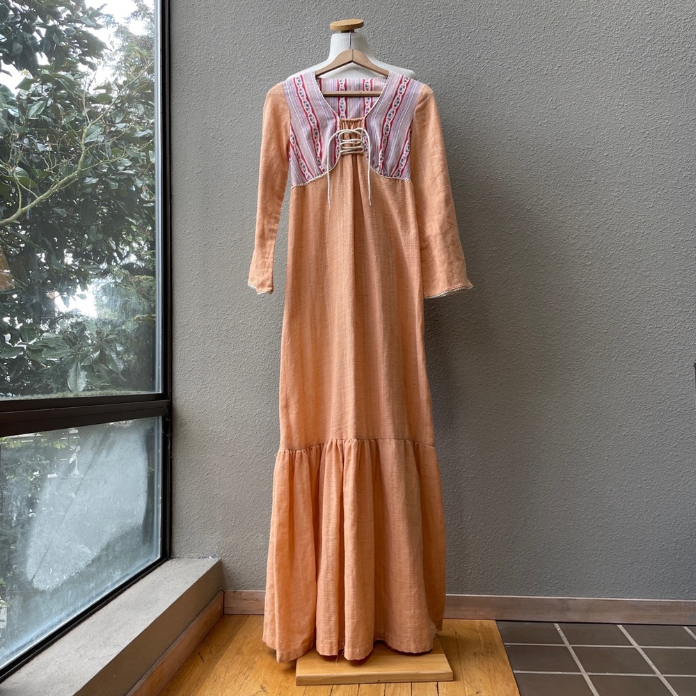 Vintage Peachy Sorbet Peasant Cotton Gauze Maxi Dress 1960s Prairie Dress